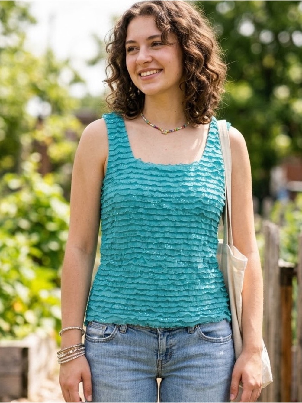 NEW DIRECTIONS Vintage Y2K Turquoise Sequin Tiered Ruffle Tank Top Small